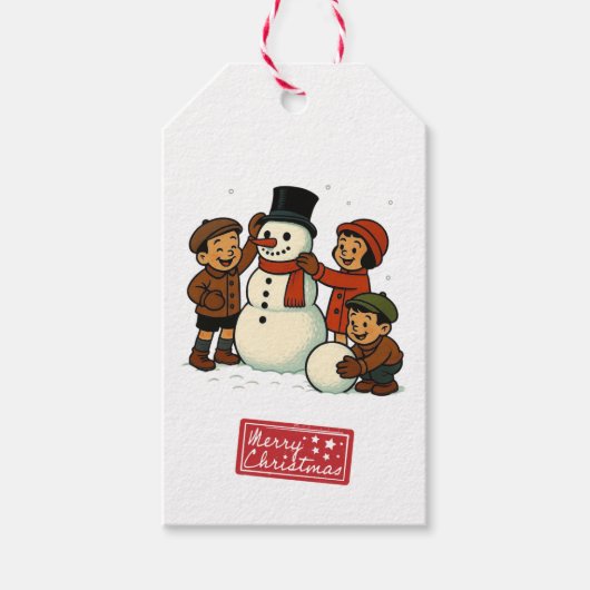 ヴィンテージな子供たちの雪だるま作り ギフトタグ (正面)