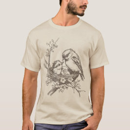 ヴィンテージな巣の中の鳥 Tシャツ
