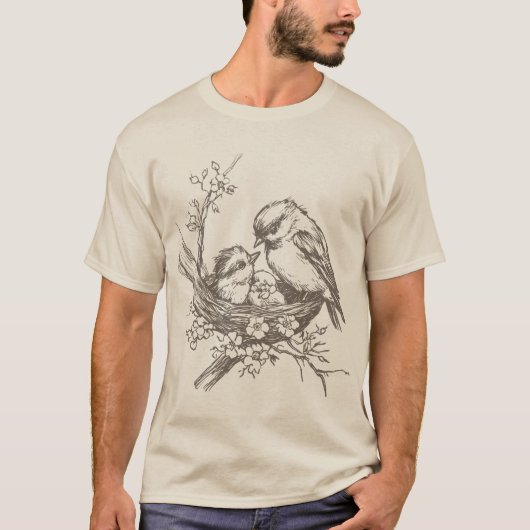 ヴィンテージな巣の中の鳥 Tシャツ (正面)