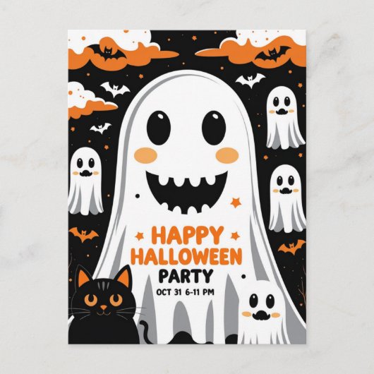 ヴィンテージな微笑み幽霊のハロウィンパーティー シーズンポストカード (正面)