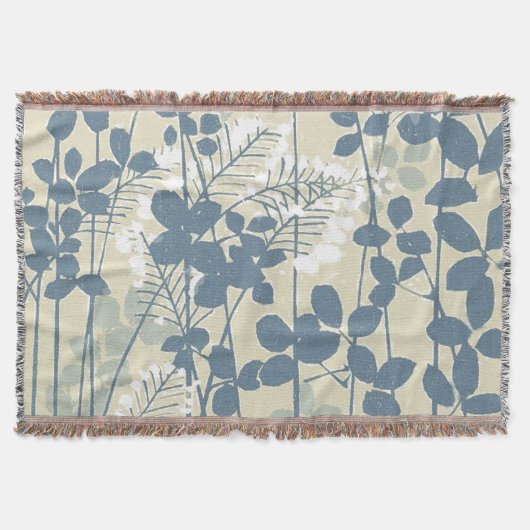 ヴィンテージな日本風の青い植物画: クリーム色の葉のシダ スローブランケット (正面)