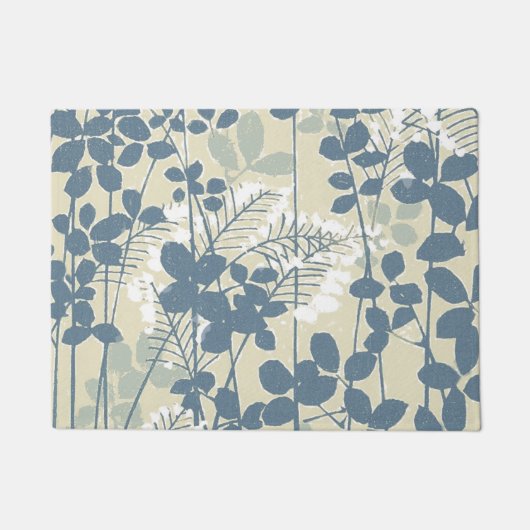 ヴィンテージな日本風の青い植物画: クリーム色の葉のシダ ドアマット (正面)