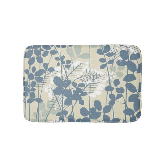 ヴィンテージな日本風の青い植物画: クリーム色の葉のシダ バスマット (正面)