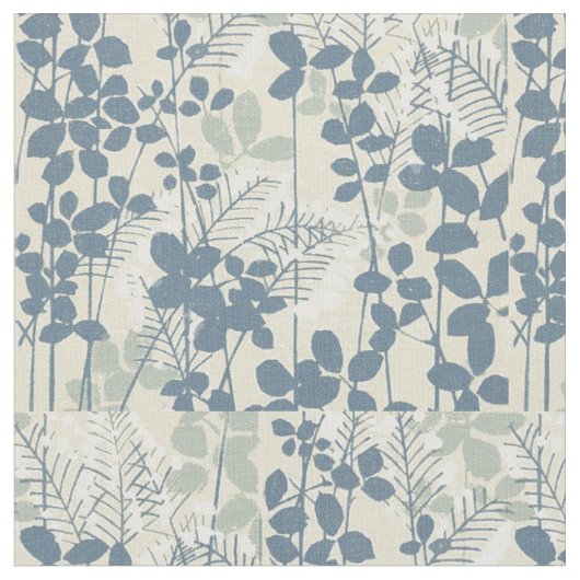 ヴィンテージな日本風の青い植物画: クリーム色の葉のシダ ファブリック (クローズアップ)
