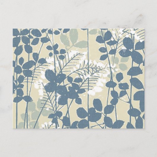 ヴィンテージな日本風の青い植物画:クリーム色の葉のシダ ポストカード (正面)