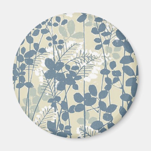 ヴィンテージな日本風の青い植物画: クリーム色の葉のシダ マグネット (正面)