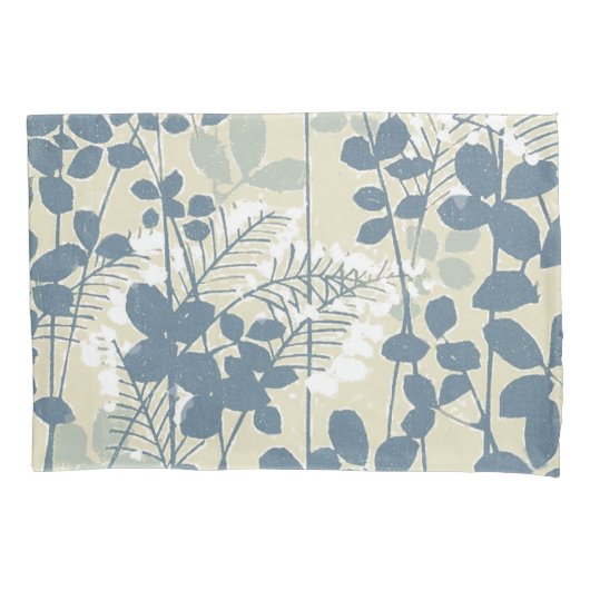 ヴィンテージな日本風の青い植物画:クリーム色の葉のシダ 枕カバー (正面)
