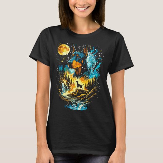 ヴィンテージな月へ吠えるドーベルマン Tシャツ (正面)