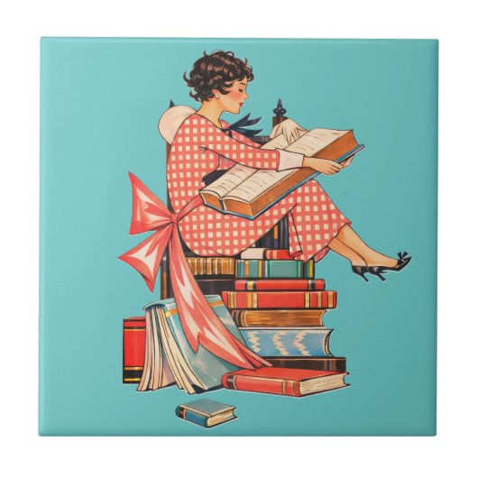 ヴィンテージな本好きの読書イラスト タイル (正面)