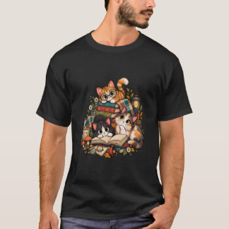 ヴィンテージな本好きデザインのあったかリーディングキャッツ Tシャツ
