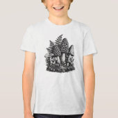 ヴィンテージな森のキノコの木版画 トライブレンドTシャツ (正面)