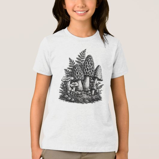 ヴィンテージな森のキノコの木版画 トライブレンドTシャツ (正面)