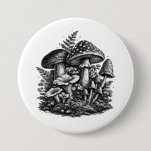ヴィンテージな森のキノコの木版画 缶バッジ (正面)