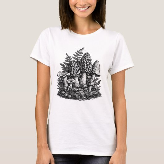 ヴィンテージな森のキノコの木版画 Tシャツ (正面)