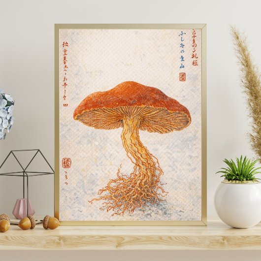 ヴィンテージな植物学のキノコのイラスト、日本風  ポスター