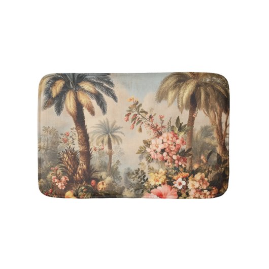 ヴィンテージな植物画とヤシの木 バスマット (正面)