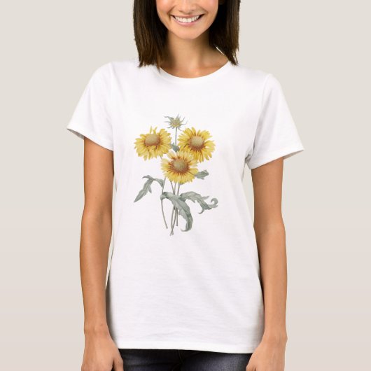 ヴィンテージな植物画のひまわり。P.J.ルドゥーテ Tシャツ (正面)