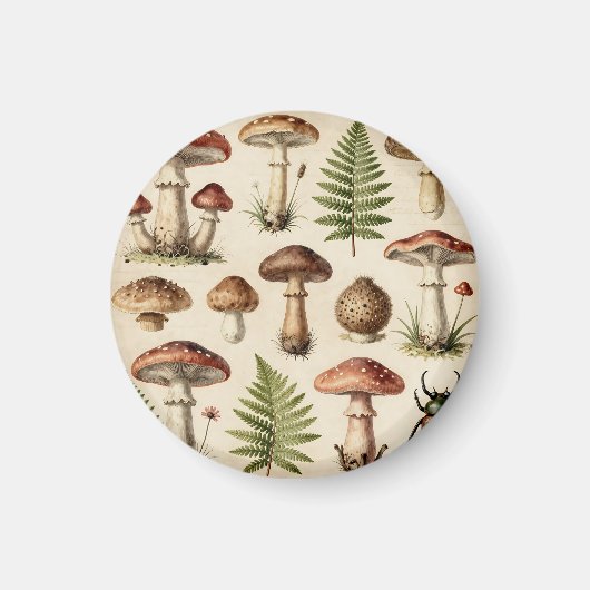 ヴィンテージな植物画のキノコとシダのコラージュ マグネット (正面)
