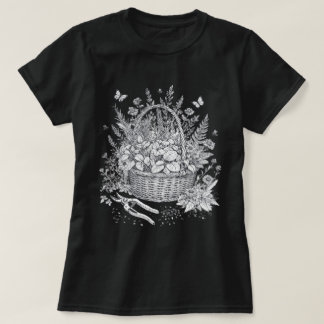 ヴィンテージな植物画のハーブバスケットの花のスケッチ Tシャツ