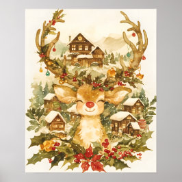 ヴィンテージな水彩画のクリスマストナカイ ポスター