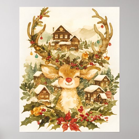 ヴィンテージな水彩画のクリスマストナカイ ポスター (正面)
