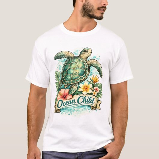 ヴィンテージな海の雰囲気を漂わせるアカウミガメ Tシャツ (正面)