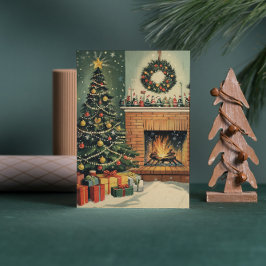 ヴィンテージな温かみのあるクリスマスのリビングルームの飾られたツリー シーズンカード