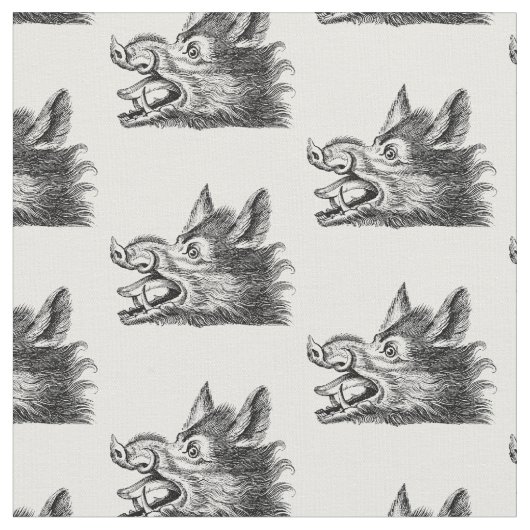 ヴィンテージな猪の頭部モノクロ画 ファブリック (クローズアップ)