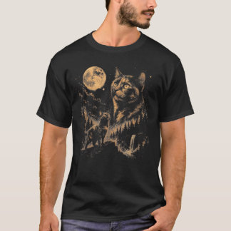 ヴィンテージな猫のデザイン　月夜に吠えるべっ甲猫 Tシャツ