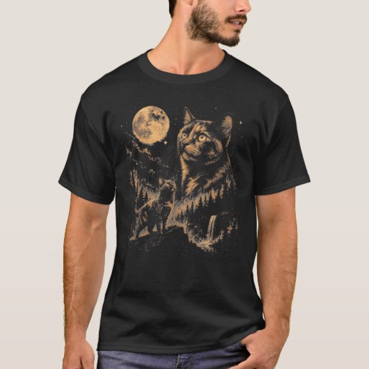 ヴィンテージな猫のデザイン　月夜に吠えるべっ甲猫 Tシャツ (正面)