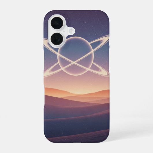 ヴィンテージな環を持つ惑星が丘陵の上に輝く iPhone 16ケース (裏面)