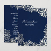 ヴィンテージな白いレース模様のネイビーブルーの結婚式 招待状 (正面/裏面)