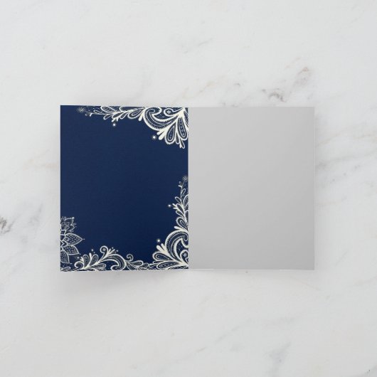 ヴィンテージな白レースとネイビーブルーのウェディングサンクス サンキューカード (内部)