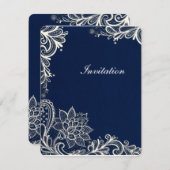 ヴィンテージな白レース柄 ネイビーブルーのウェディング 招待状 (正面/裏面)