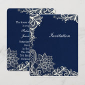 ヴィンテージな白レース柄 ネイビーブルー ウェディング 招待状 (正面/裏面)