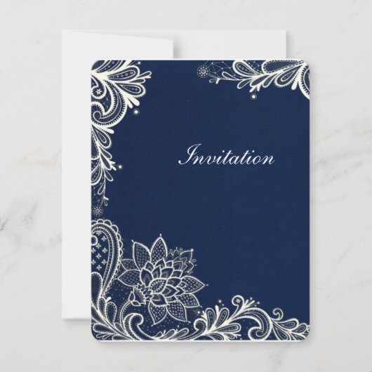 ヴィンテージな白レース柄 ネイビーブルー ウェディング 招待状 (正面)