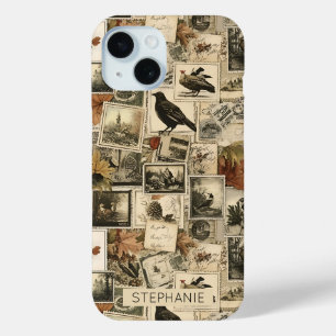 ヴィンテージな秋のエフェメラコラージュ 田舎風の鳥 (2) iPhone 15ケース