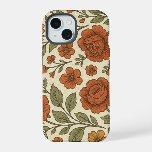 ヴィンテージな秋の花柄 – 田舎風の植物画 iPhone 15ケース (裏面)
