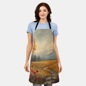 ヴィンテージな秋の草原の絵画 ポピー エプロン (着用した状態)