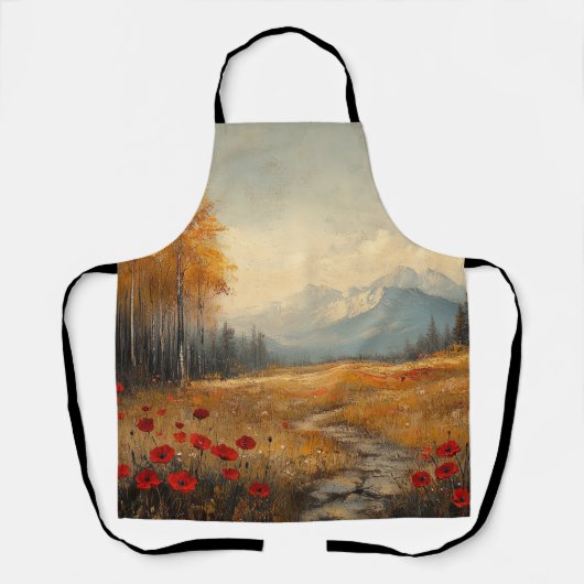 ヴィンテージな秋の草原の絵画 ポピー エプロン (正面)