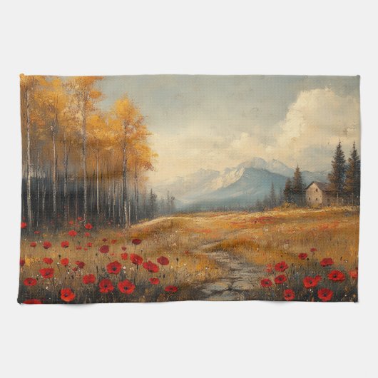 ヴィンテージな秋の草原の絵画 ポピー キッチンタオル (横)