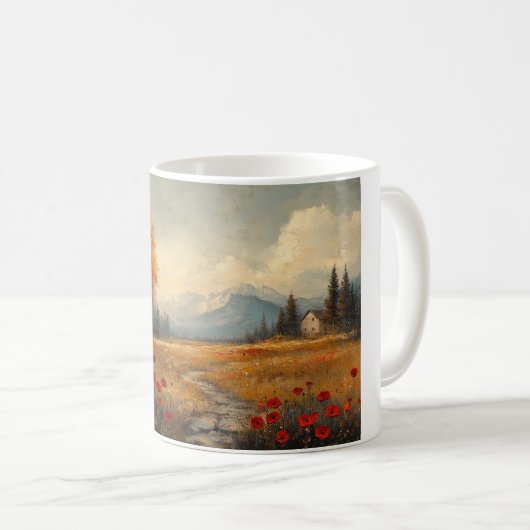 ヴィンテージな秋の草原の絵画 ポピー コーヒーマグカップ (正面右)
