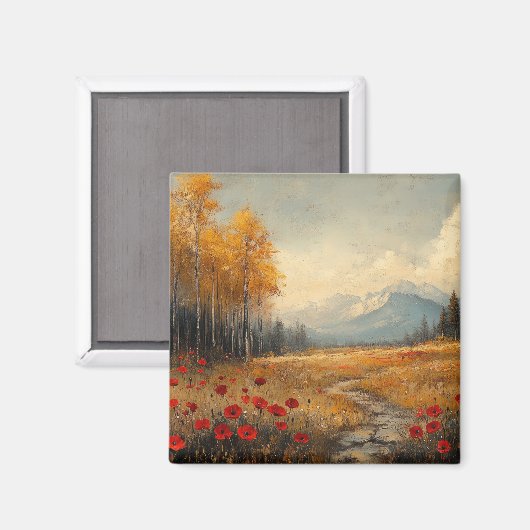 ヴィンテージな秋の草原の絵画 ポピー マグネット (正面/裏面)