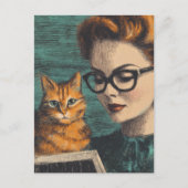 ヴィンテージな美人と猫の読書 ポストカード (正面)