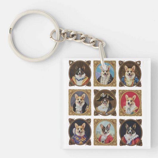 ヴィンテージな美術館の壁 コーギー犬の肖像画が面白い キーホルダー (正面)