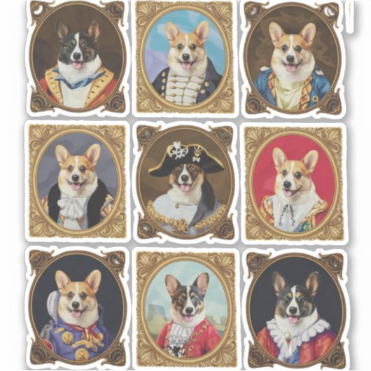 ヴィンテージな美術館の壁 コーギー犬の肖像画が面白い シール (正面)