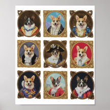 ヴィンテージな美術館の壁 コーギー犬の肖像画が面白い
