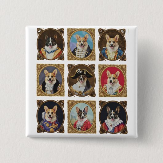 ヴィンテージな美術館の壁 コーギー犬の肖像画が面白い 缶バッジ (正面)