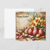 ヴィンテージな赤いイースターエッグと水彩の水仙 シーズンカード (正面/裏面)