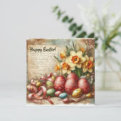 ヴィンテージな赤いイースターエッグと水彩の水仙 シーズンカード (スタンド正面)